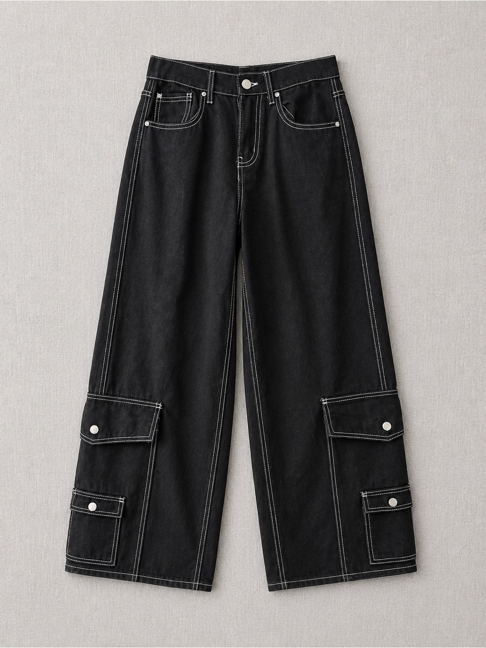 refuge Black Wide-Leg Cargo Pants with Contrast Stitching